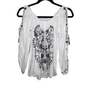 North Shore White Flowy Boho Embroidered Long Sleeve Tunic Top Shirt One Size